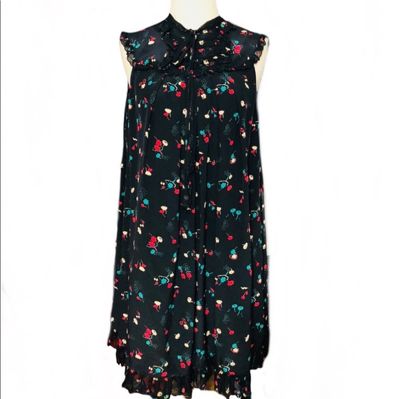 Anna Sui Dresses & Skirts - Anna Sui Black Floral Neck Tie Tunic Silk Sz S